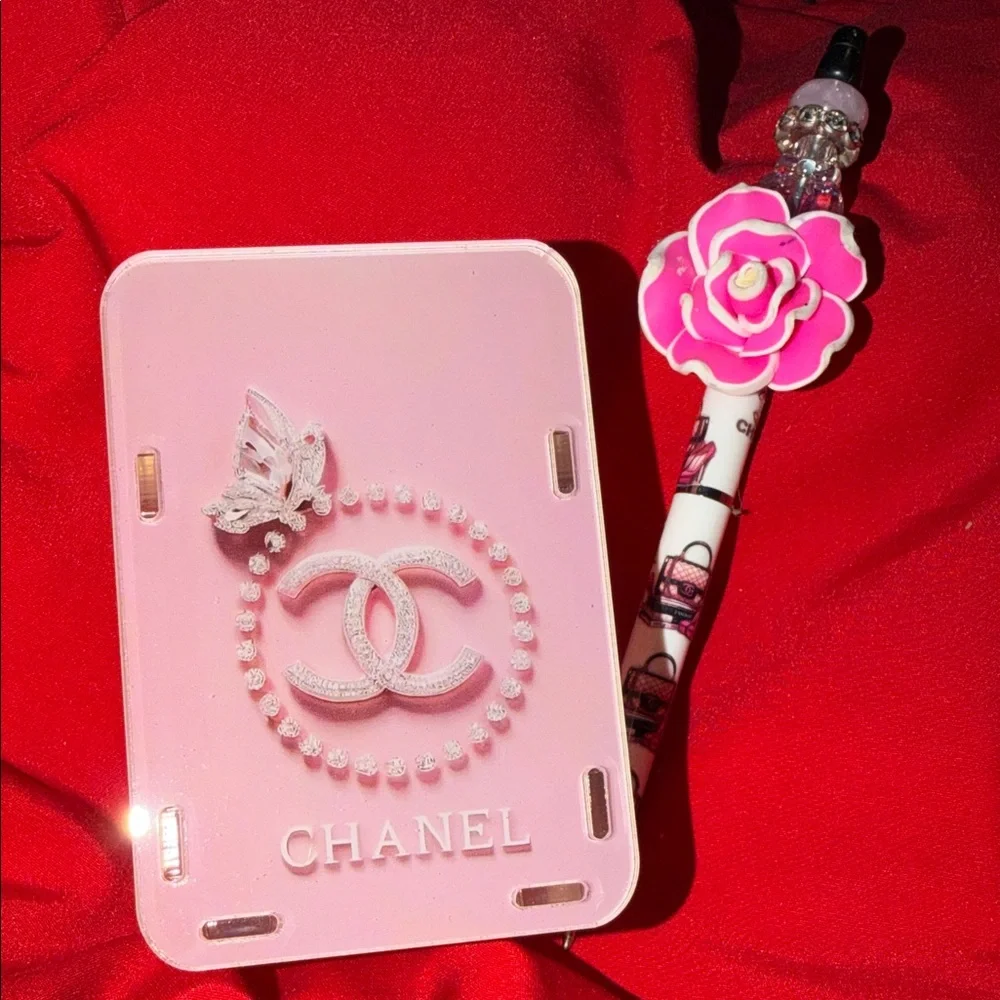 Chanel Pink pencil/ makeup brush holder with Floral Pen